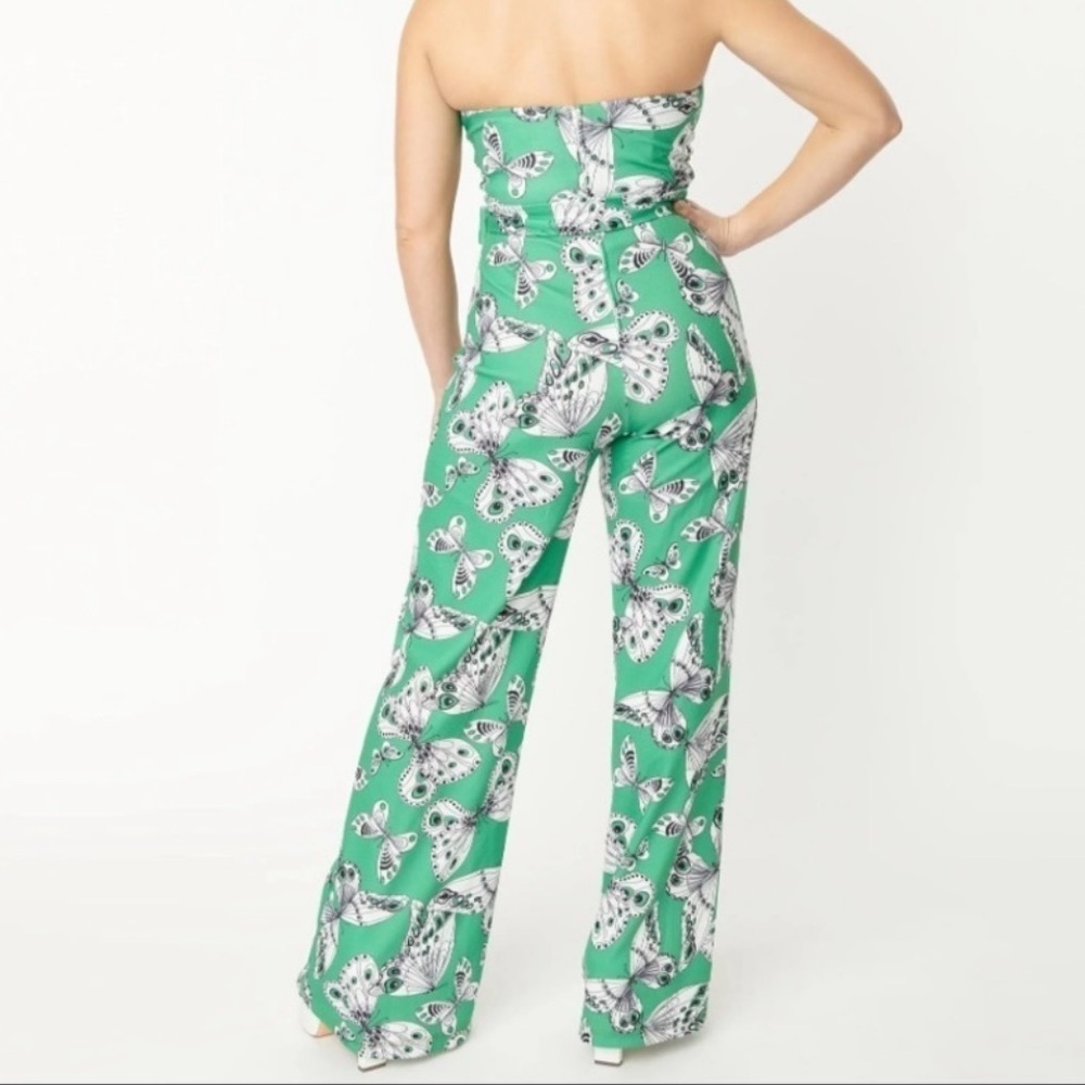 Unique Vintage Smak Parlour Butterfly Halter Flare Jumpsuit Green Medium 6/8 70s - Picture 3 of 13